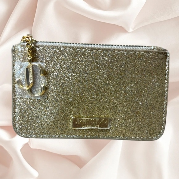 Jimmy Choo Gold Glitter Mini Wallet Coin Card ID Pouch Charm Logo - Picture 1 of 12